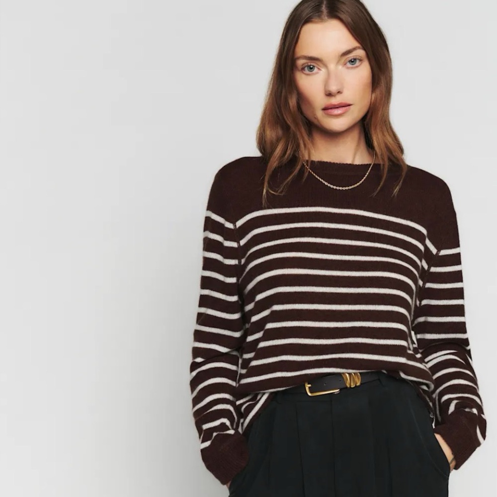 Reformation Brown and White Cashmere Striped Sweater